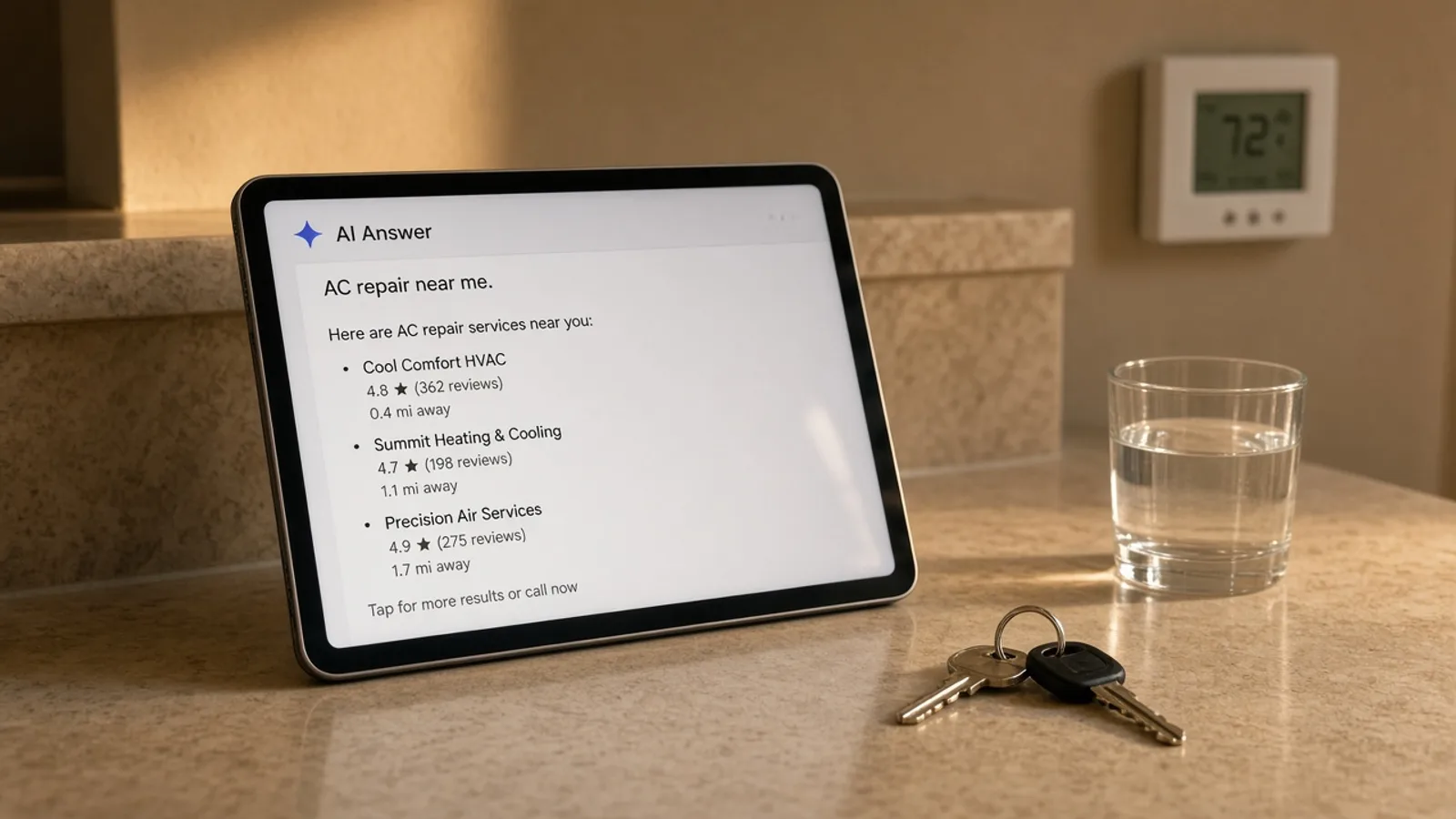 Tablet on a kitchen counter showing an AI answer about AC repair