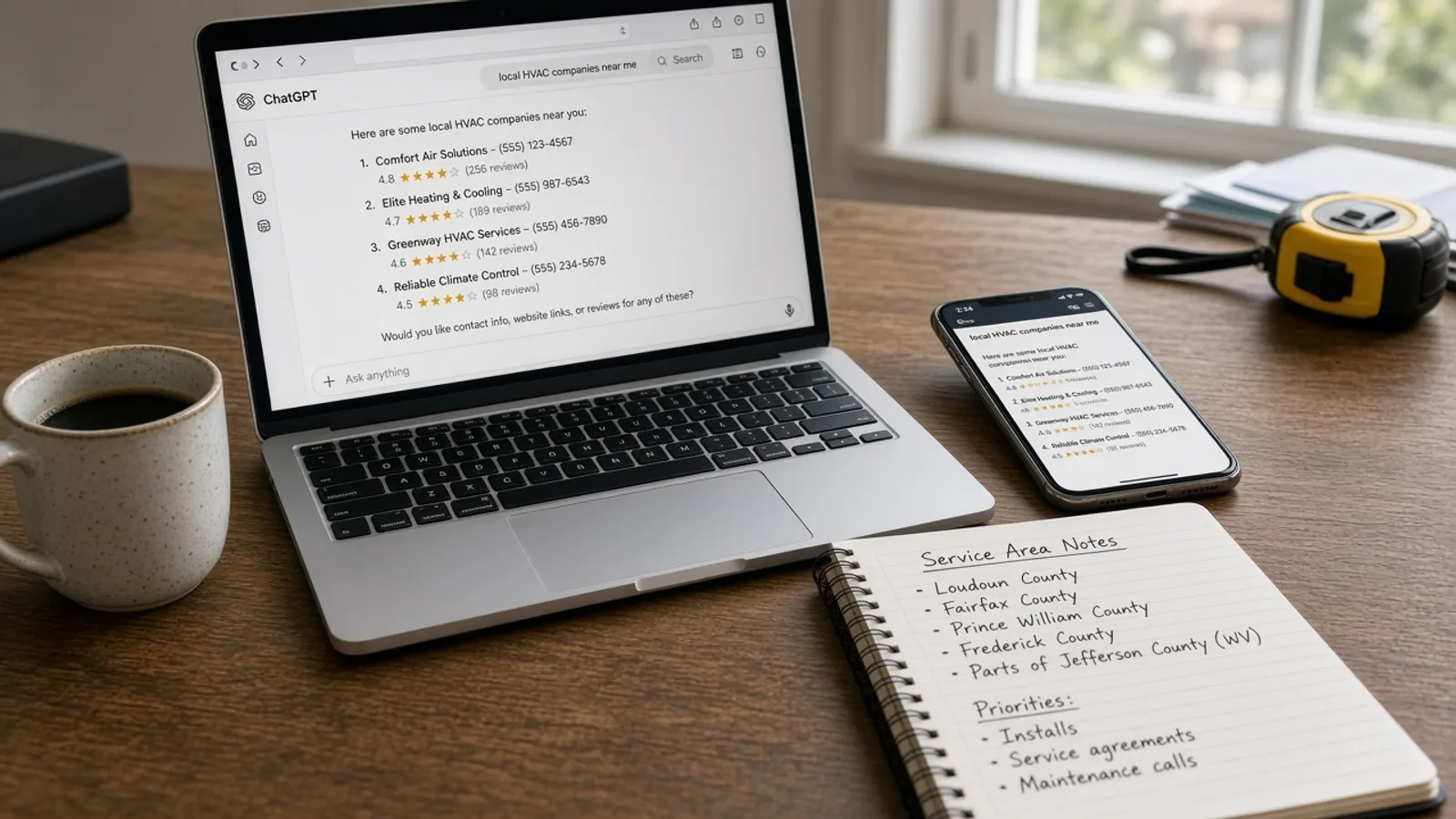 Laptop and phone on a contractor desk showing a ChatGPT search about local service companies