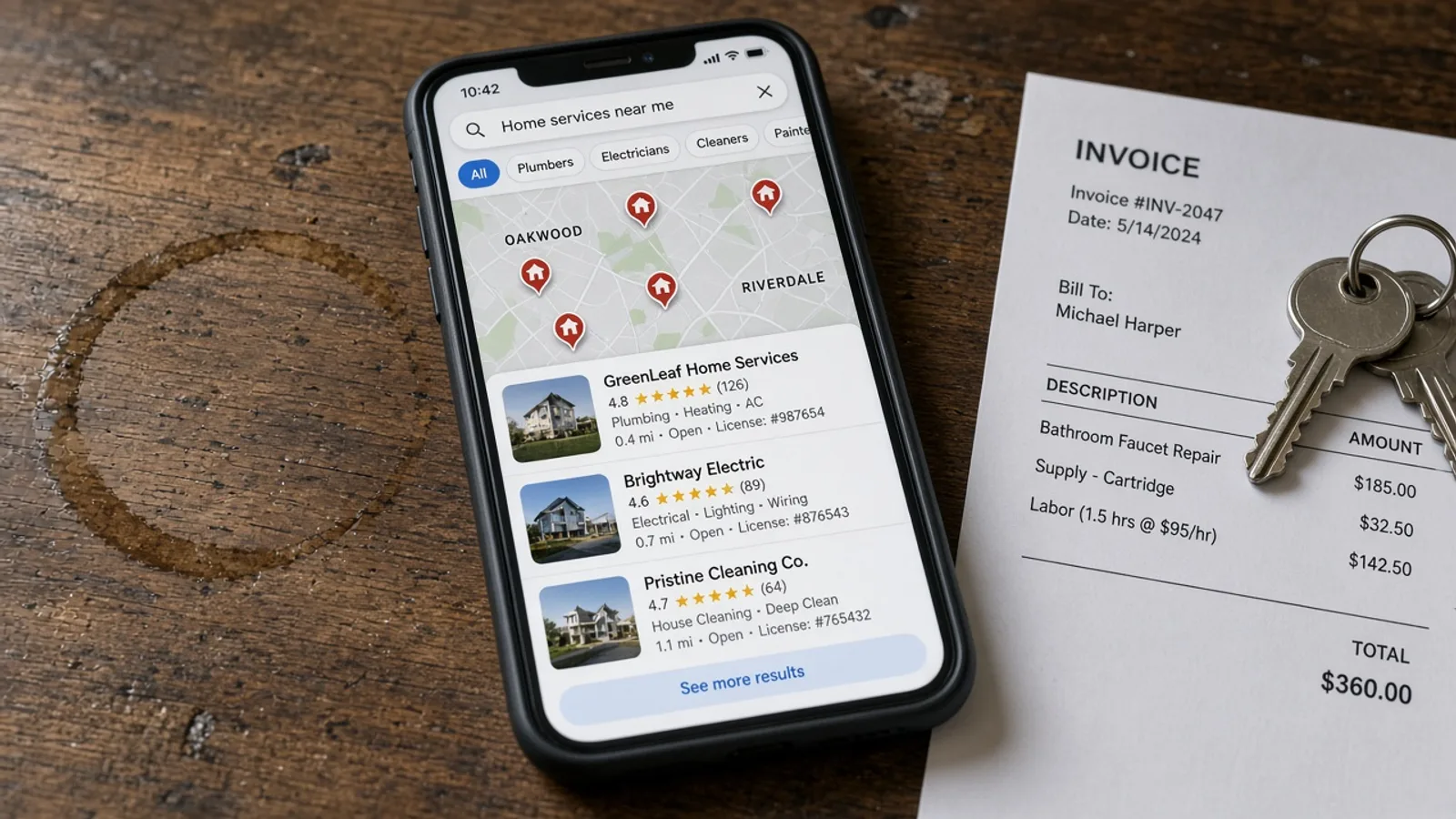 Phone on a table showing a Maps search for home services