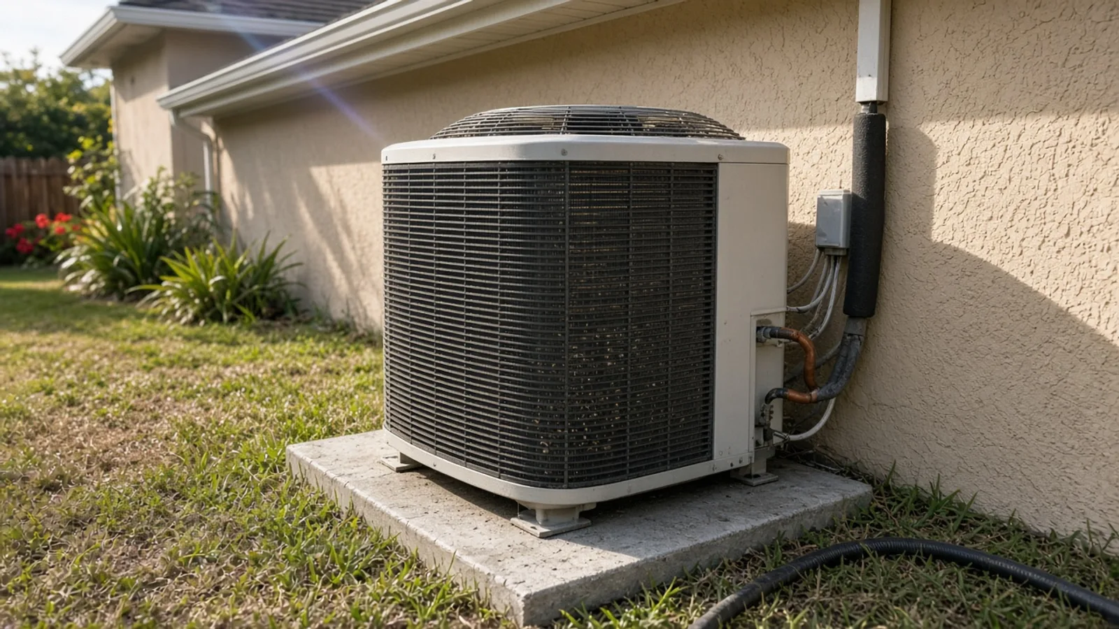 Outdoor AC condenser on a concrete pad beside a house wall