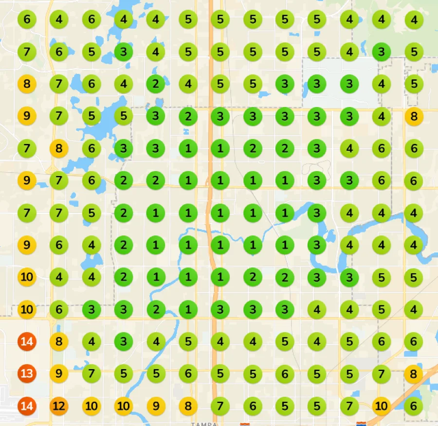 Day 45 ranking map for the same shop, now near the top of Google Maps across the service area.