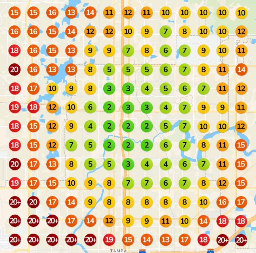 Day 1 ranking map. Most points sit outside the top three in Google Maps.