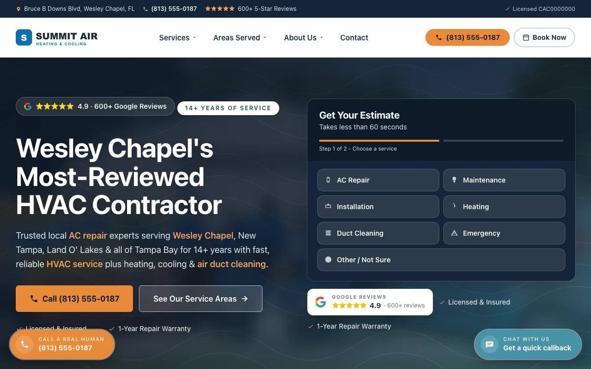 Example hvac website we built, on a desktop screen