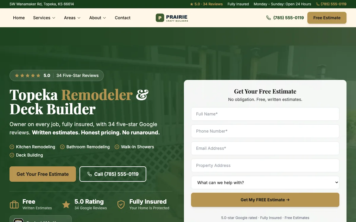 Example remodeling website we built, on a desktop screen